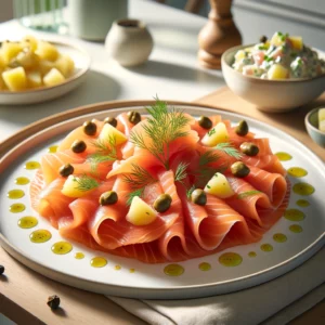 Gerookte zalm carpaccio, fijn gedrapeerd met kappertjes, olijfolie en verse dille, geserveerd naast een romige aardappelsalade met bieslook, op een strak wit bord in een moderne, minimalistische keuken met lichte houten accenten.