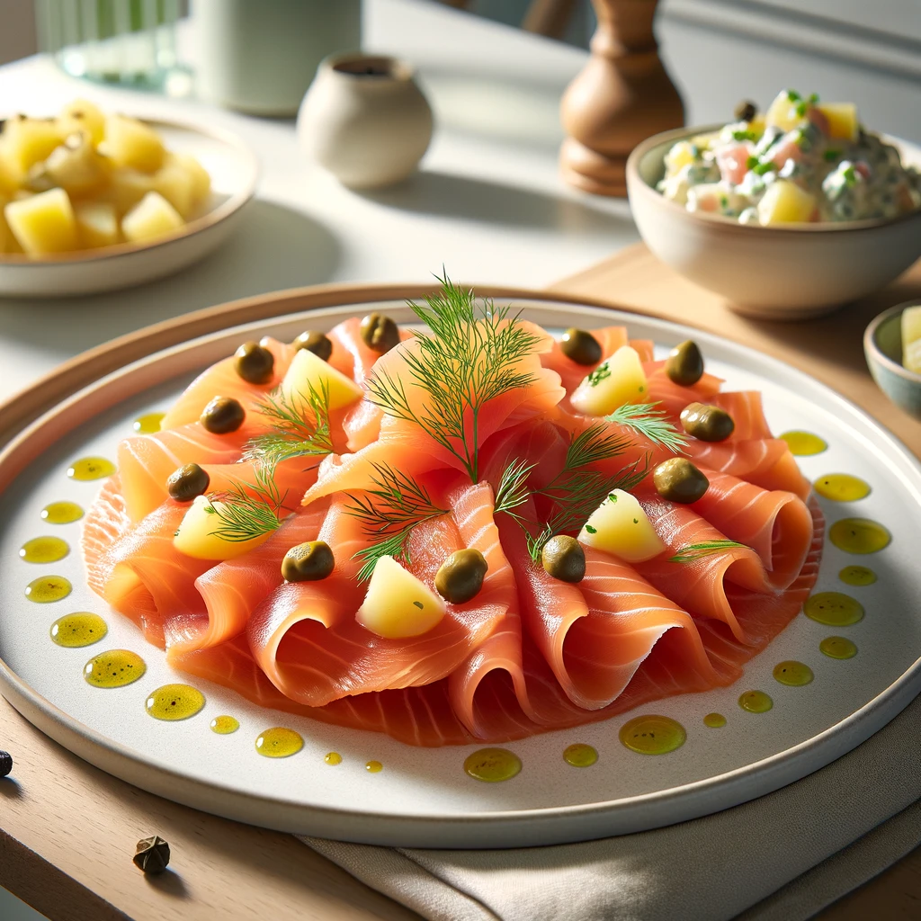 Gerookte zalm carpaccio, fijn gedrapeerd met kappertjes, olijfolie en verse dille, geserveerd naast een romige aardappelsalade met bieslook, op een strak wit bord in een moderne, minimalistische keuken met lichte houten accenten.