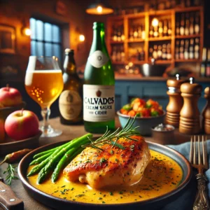 Goudbruine kip in geurige calvados-roomsaus met cider, gegarneerd met verse rozemarijn en geserveerd met gebakken groenten, in een gezellige rustieke keuken met houten planken en flessen cider op de achtergrond.