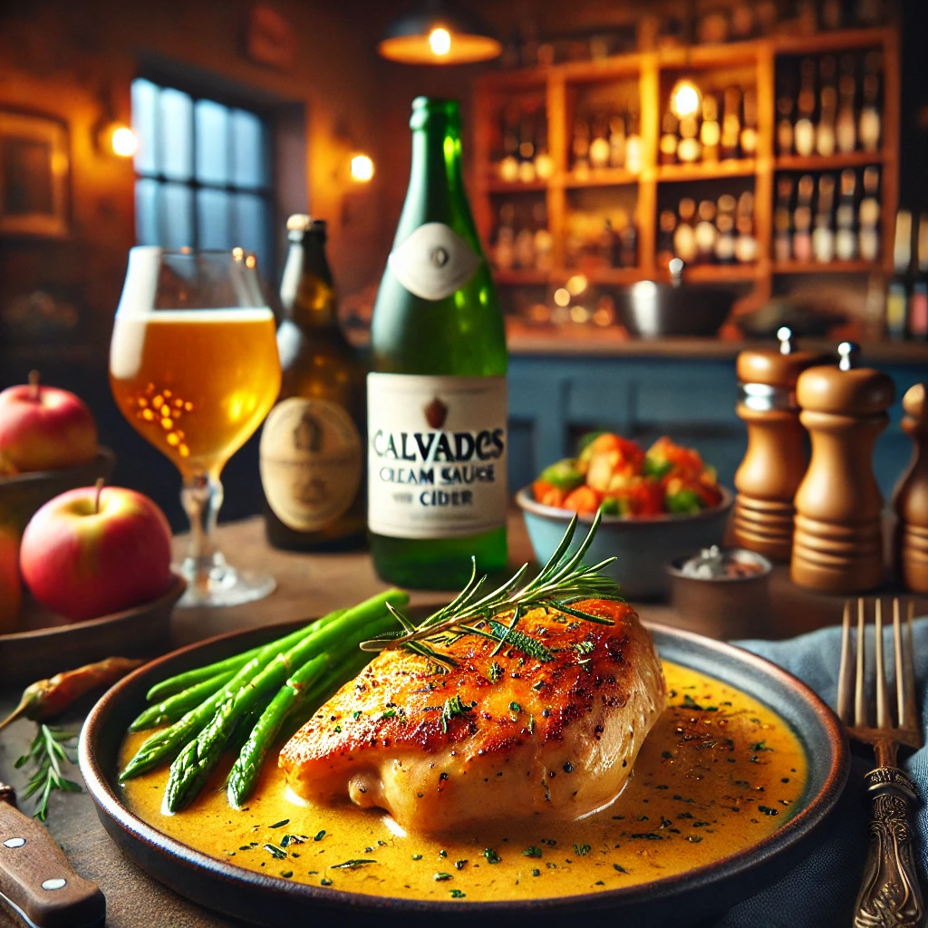 Goudbruine kip in geurige calvados-roomsaus met cider, gegarneerd met verse rozemarijn en geserveerd met gebakken groenten, in een gezellige rustieke keuken met houten planken en flessen cider op de achtergrond.