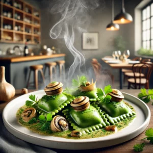 Groene ravioli gevuld met slakken en kruiden, geserveerd met een romige champignon-wijnsaus op een wit bord, gegarneerd met verse peterselie in een moderne, gezellige keuken met houten accenten en flessen wijn op de achtergrond.