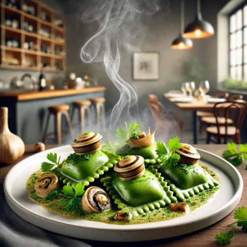 Groene ravioli gevuld met slakken en kruiden, geserveerd met een romige champignon-wijnsaus op een wit bord, gegarneerd met verse peterselie in een moderne, gezellige keuken met houten accenten en flessen wijn op de achtergrond.