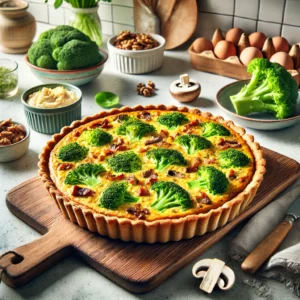 Een goudbruin gebakken broccoliquiche op een houten snijplank in een moderne, lichte keuken. De quiche bevat broccoli, champignons en spekblokjes, omringd door ingrediënten zoals walnoten, roomkaas en verse broccoli. De vrolijke keuken heeft kleurrijke borden en natuurlijke elementen.