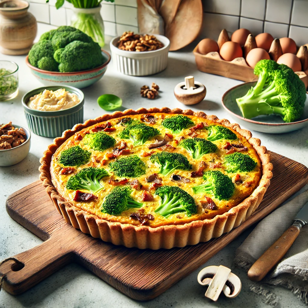 Een goudbruin gebakken broccoliquiche op een houten snijplank in een moderne, lichte keuken. De quiche bevat broccoli, champignons en spekblokjes, omringd door ingrediënten zoals walnoten, roomkaas en verse broccoli. De vrolijke keuken heeft kleurrijke borden en natuurlijke elementen.