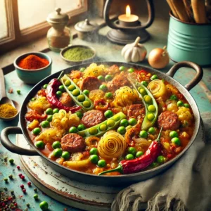en rustieke braadpan gevuld met een hartige kapucijnerschotel, met goudbruin gehakt, spekjes, kapucijners, prei, paprika, ui en knoflook. De schotel is op smaak gebracht met cayennepeper, paprikapoeder, gember en mosterd, en wordt gepresenteerd in een gezellige vintage keuken met pastelkleuren en retro-accenten.