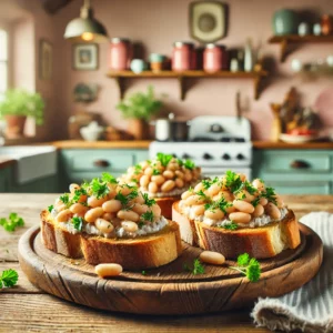 Een rustieke presentatie van Italiaanse bruschetta, belegd met een witte bonenspread, gegarneerd met verse kruiden zoals peterselie en een vleugje olijfolie. De bruschetta is geserveerd op knapperige toast, geplaatst op een houten bord in een moderne vintage keuken met pastelkleuren, houten werkbladen en retro decor. Zacht natuurlijk licht benadrukt de warme en uitnodigende sfeer.