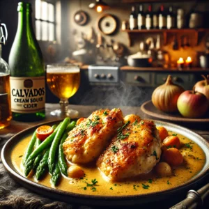 Goudbruine kip in calvados-roomsaus met cider, geserveerd op een bord met groene boontjes en babywortelen, in een rustieke keuken met houten planken en flessen cider op de achtergrond.