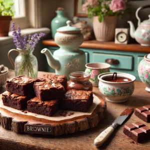 Een rustieke presentatie van klassieke Amerikaanse brownies op een houten serveerplank, omgeven door stukjes gesmolten chocolade en een kleine kom poedersuiker. Op de achtergrond een lichte vintage keuken met pastelgekleurde tegels, een glazen pot met bloem en verse kruiden op een houten plank. Zacht daglicht valt door een raam en creëert een uitnodigende sfeer.