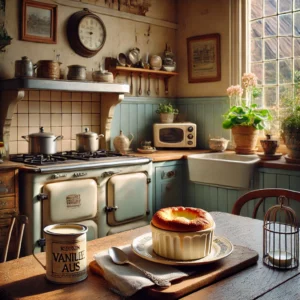 Een rustieke ovenschaal met klassieke broodpudding op een houten tafel, omringd door een kan vanillesaus en een lepel. Op de achtergrond een vintage keuken met pastelgekleurde tegels, een venster met invallend daglicht, en kruidenplanten op de vensterbank.