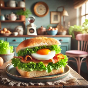 Een knapperig ontbijtbroodje met geroosterd brood, verse sla, knapperige bacon, en een halve hardgekookte ei bovenop. Het broodje is besmeerd met een plantaardige spread en gepresenteerd op een rustieke schaal in een gezellige vintage keuken met pastelkleuren en retro-accenten, verlicht door zacht natuurlijk licht dat de levendige kleuren en texturen van de ingrediënten benadrukt.