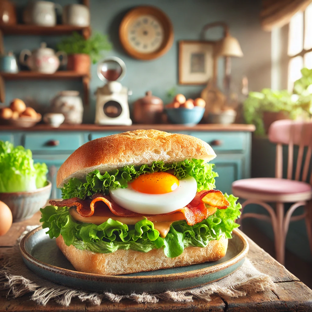 Een knapperig ontbijtbroodje met geroosterd brood, verse sla, knapperige bacon, en een halve hardgekookte ei bovenop. Het broodje is besmeerd met een plantaardige spread en gepresenteerd op een rustieke schaal in een gezellige vintage keuken met pastelkleuren en retro-accenten, verlicht door zacht natuurlijk licht dat de levendige kleuren en texturen van de ingrediënten benadrukt.