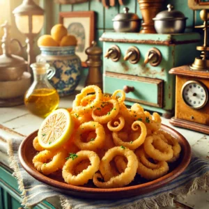 Een bord met versgebakken calamares fritos, goudbruin en knapperig, gegarneerd met een schijfje citroen. Geserveerd op een rustiek bord met een klein schaaltje dipsaus ernaast, geplaatst in een gezellige vintage keuken met pastelkleuren en retro-accenten.
