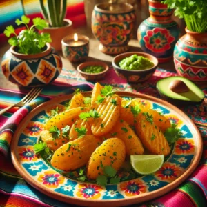 Gouden Pommes Duchesse op een kleurrijk bord, geserveerd met jalapeños en queso fresco. Het gerecht staat op een rustieke houten tafel met levendige Mexicaanse textielen op de achtergrond, wat een feestelijke en warme sfeer creëert.