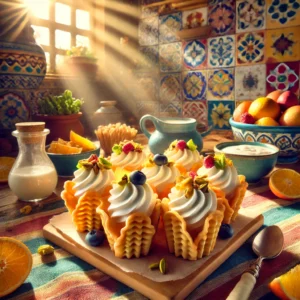 Gouden, knapperige tuiles in de vorm van elegante kegels, gevuld met een romige kwark- en roomvulling, gegarneerd met vers fruit zoals bessen en nectarines. De tuiles worden geserveerd in een Mexicaanse keuken met kleurrijke tegels en helder natuurlijk licht, wat een warme en vrolijke sfeer creëert.