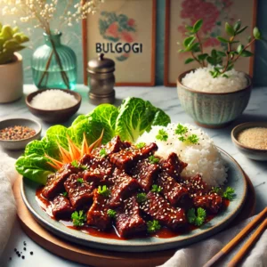 Een bord met Koreaanse Bulgogi, bestaande uit malse plakjes gemarineerd rundvlees in een zoete sojasaus. Het gerecht is gegarneerd met sesamzaadjes, takjes peterselie en daikonkers. Geserveerd met gestoomde witte rijst en verse slablaadjes in een gezellige vintage keuken met pastelkleuren en retro-accenten. Zacht natuurlijk licht benadrukt de glanzende textuur van het vlees en de kleurrijke garneringen.