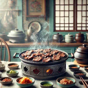 Een Koreaanse Bulgogi grill met malse gemarineerde rundvleesplakjes die worden gegrild op een traditionele Koreaanse tafelbarbecue. Rondom de grill staan kleine schaaltjes met bijgerechten zoals kimchi, ingelegde groenten en dipsauzen. De setting is een gezellige vintage keuken met pastelkleuren en retro-accenten, sfeervol verlicht door natuurlijk licht dat de warme en rokerige sfeer benadrukt.
