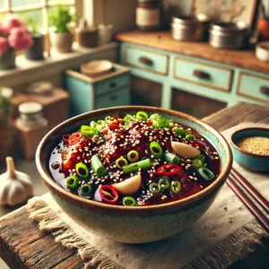Een kom met vers gemixte Koreaanse Bulgogi-marinade, bestaande uit een glanzend mengsel van sojasaus, sesamolie, knoflook en rode pepervlokken. Gegarneerd met fijngesneden lente-ui en sesamzaadjes. Geplaatst op een rustiek houten aanrecht in een gezellige vintage keuken met pastelkleuren en retro-accenten. Zacht natuurlijk licht benadrukt de rijke kleuren en texturen van de marinade.