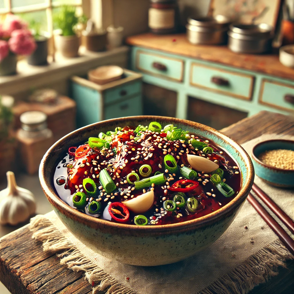 Een kom met vers gemixte Koreaanse Bulgogi-marinade, bestaande uit een glanzend mengsel van sojasaus, sesamolie, knoflook en rode pepervlokken. Gegarneerd met fijngesneden lente-ui en sesamzaadjes. Geplaatst op een rustiek houten aanrecht in een gezellige vintage keuken met pastelkleuren en retro-accenten. Zacht natuurlijk licht benadrukt de rijke kleuren en texturen van de marinade.