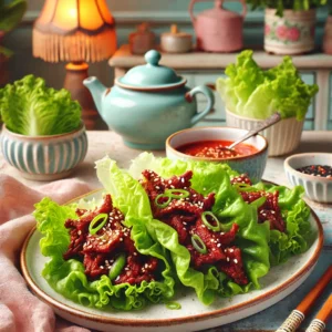 Een bord met Koreaanse sla wraps gevuld met pittige rundvleesreepjes, gegarneerd met sesamzaadjes en lente-ui. Geserveerd met een schaaltje dipsaus en extra slablaadjes, gepresenteerd in een gezellige vintage keuken met pastelkleuren en retro-accenten. Natuurlijk licht benadrukt de levendige kleuren en texturen van het gerecht.