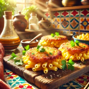 Gefrituurde macaroni-schijven, goudbruin en knapperig, gemaakt van macaroni gemengd met oude kaas, crème fraîche en peterselie. De schijven worden geserveerd op een rustiek houten bord in een Mexicaanse keuken met kleurrijke tegels en helder natuurlijk licht, wat een warme en uitnodigende sfeer creëert.