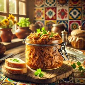 Langzaam gebraden varkensvlees rillettes, geserveerd in een rustiek potje met een gouden laagje vet erbovenop, vergezeld van knapperige sneetjes brood. De setting toont een Mexicaanse keuken met kleurrijke tegels en warm natuurlijk licht, wat een uitnodigende en gezellige sfeer creƫert.