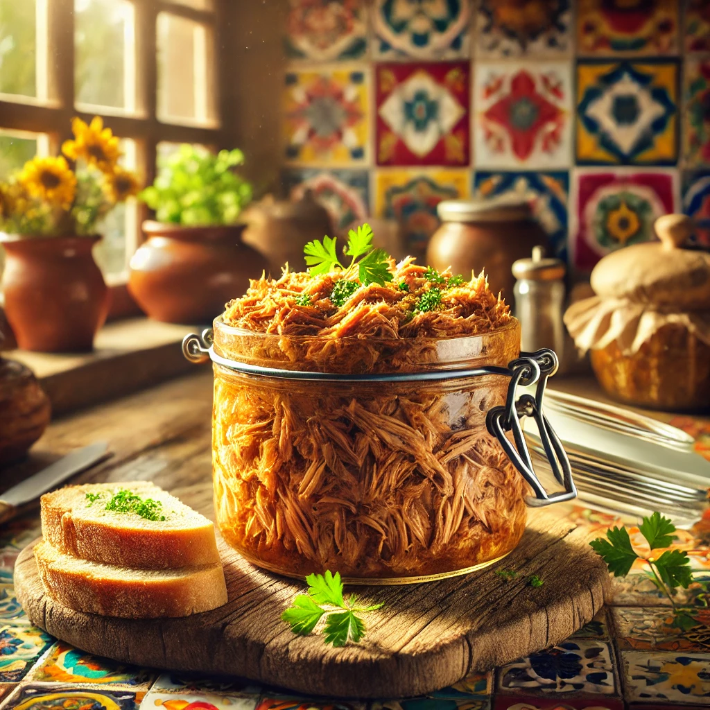 Langzaam gebraden varkensvlees rillettes, geserveerd in een rustiek potje met een gouden laagje vet erbovenop, vergezeld van knapperige sneetjes brood. De setting toont een Mexicaanse keuken met kleurrijke tegels en warm natuurlijk licht, wat een uitnodigende en gezellige sfeer creëert.
