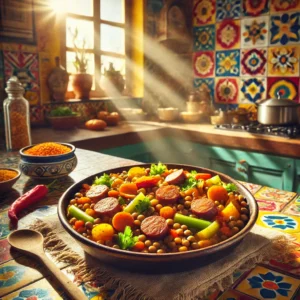 Een bord met linzen en pittige worstjes, geserveerd in een rustiek Mexicaans interieur. De linzen zijn gemengd met kleurrijke groenten zoals wortel, bleekselderij en ui, terwijl de goudbruine worstjes naast het gerecht liggen. Het zonnige licht en de kleurrijke Mexicaanse tegels creëren een warme en uitnodigende sfeer.