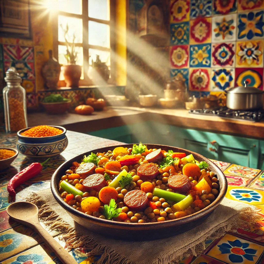 Een bord met linzen en pittige worstjes, geserveerd in een rustiek Mexicaans interieur. De linzen zijn gemengd met kleurrijke groenten zoals wortel, bleekselderij en ui, terwijl de goudbruine worstjes naast het gerecht liggen. Het zonnige licht en de kleurrijke Mexicaanse tegels creëren een warme en uitnodigende sfeer.