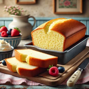 Een versgebakken vanillecake, gesneden om de zachte en luchtige textuur te laten zien. De cake ligt op een rustieke houten plank, gegarneerd met verse bessen en een toefje slagroom. De setting is een gezellige vintage keuken met pastelkleuren en retro-accenten, belicht door zacht natuurlijk licht dat de gouden korst en luchtige binnenkant benadrukt.