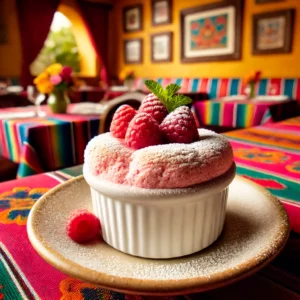 Luchtige warme frambozensoufflé in een ramekin, met een zachte roze textuur die boven de rand uitkomt. De soufflé is gegarneerd met poedersuiker en verse frambozen, geserveerd in een gezellige Mexicaanse setting met kleurrijke tafelkleden, decoratieve tegels en bloemen, wat een warme en uitnodigende sfeer creëert.