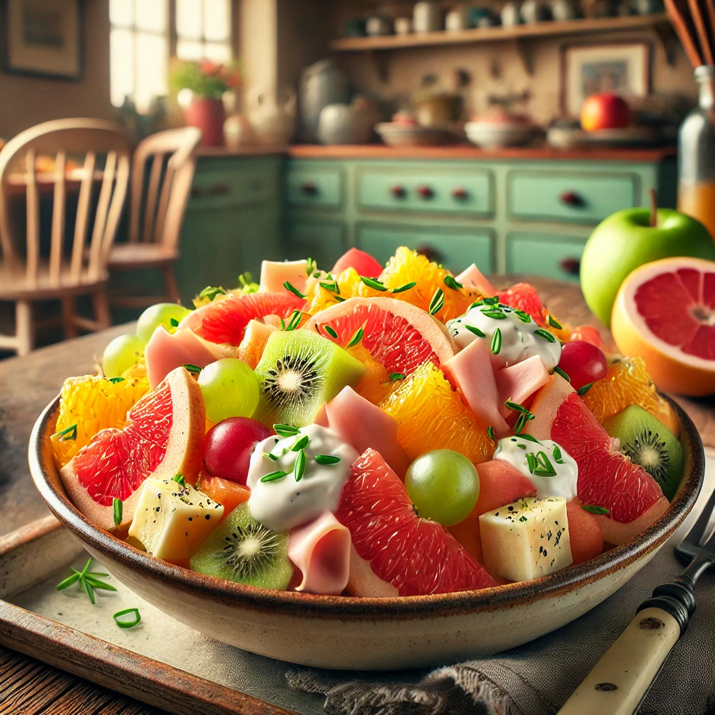 Een kleurrijke Mediterrane fruitsalade met stukjes appel, grapefruit, sinaasappel, ham en Leerdammer-kaas, gegarneerd met fijngesneden bieslook en een romige yoghurtdressing. De salade wordt geserveerd in een rustieke keramieken schaal op een houten tafel in een gezellige vintage keuken met pastelkleuren en retro-accenten. Zacht natuurlijk licht benadrukt de levendige kleuren van de verse ingrediënten.