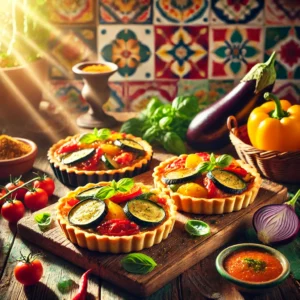 Ratatouille taartjes met een goudbruine, knapperige korst, gevuld met kleurrijke groenten zoals courgette, rode en gele paprika, aubergine en tomaat. De taartjes worden gepresenteerd op een rustiek houten bord in een Mexicaanse keuken met kleurrijke tegels en helder natuurlijk licht, wat een warme en uitnodigende sfeer creëert.