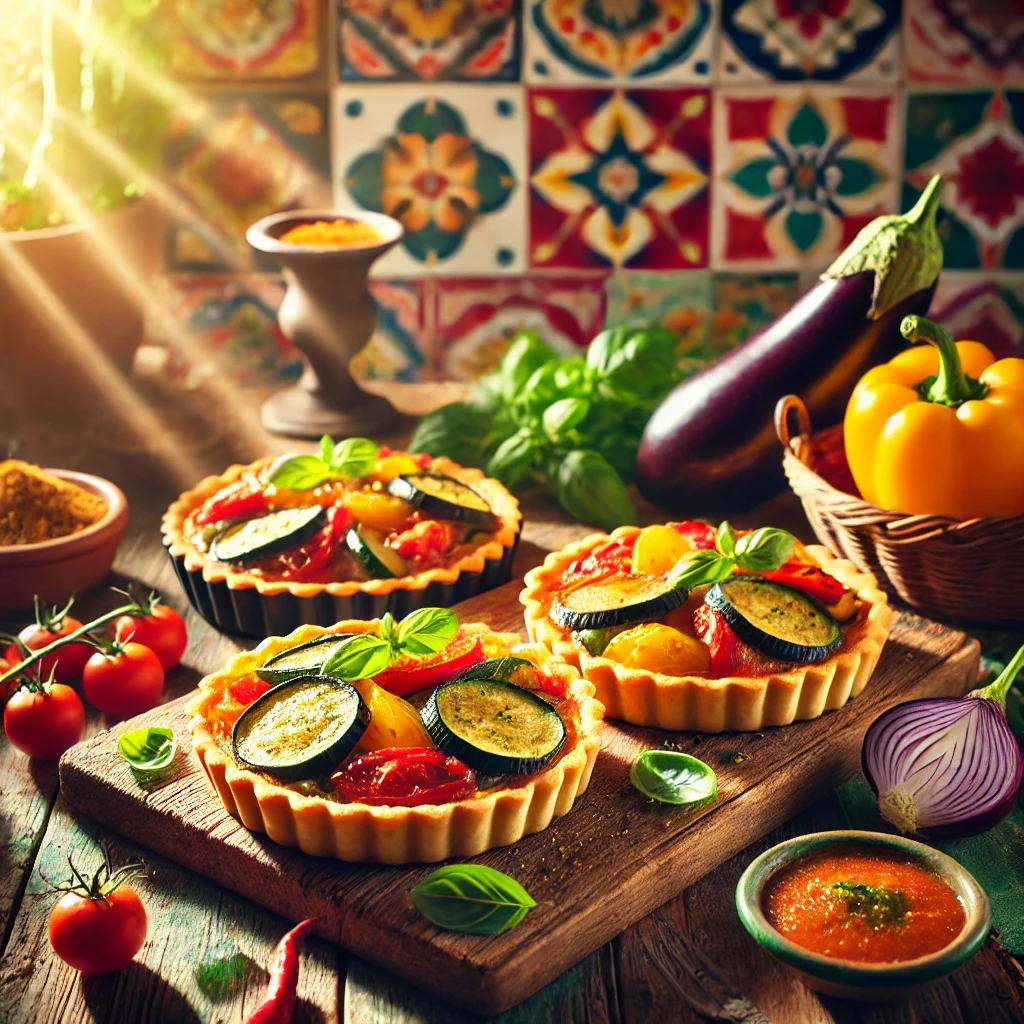 Ratatouille taartjes met een goudbruine, knapperige korst, gevuld met kleurrijke groenten zoals courgette, rode en gele paprika, aubergine en tomaat. De taartjes worden gepresenteerd op een rustiek houten bord in een Mexicaanse keuken met kleurrijke tegels en helder natuurlijk licht, wat een warme en uitnodigende sfeer creëert.
