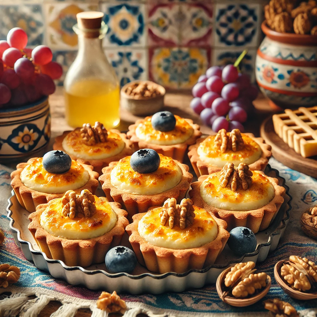 Kleine Münster kaastaartjes met een goudbruine, knapperige korst, gevuld met romige kaasvulling, gegarneerd met blauwe druiven en gehalveerde walnoten. De achtergrond toont een Mexicaanse keuken met kleurrijke tegels en helder natuurlijk licht, wat een warme en uitnodigende sfeer creëert.