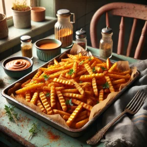 Een bakplaat met goudbruine ovengebakken Cajun aardappelfrietjes, krokant en royaal gekruid met Cajunkruiden. De frietjes zijn gegarneerd met verse kruiden en geserveerd met een kommetje dipsaus. De setting is een gezellige vintage keuken met pastelkleuren en retro-accenten, belicht door zacht natuurlijk licht dat de knapperige textuur van de frietjes benadrukt.