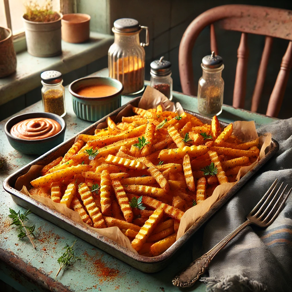Een bakplaat met goudbruine ovengebakken Cajun aardappelfrietjes, krokant en royaal gekruid met Cajunkruiden. De frietjes zijn gegarneerd met verse kruiden en geserveerd met een kommetje dipsaus. De setting is een gezellige vintage keuken met pastelkleuren en retro-accenten, belicht door zacht natuurlijk licht dat de knapperige textuur van de frietjes benadrukt.