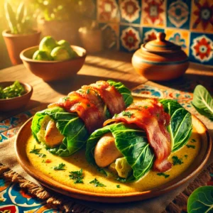 Parelhoenfilet omwikkeld met groene koolbladeren en knapperige pancetta, geserveerd met een romige gevogeltefondsaus. Het gerecht ligt op een rustieke schaal in een Mexicaanse keuken met kleurrijke tegels en zonnig natuurlijk licht, wat een warme en uitnodigende sfeer creƫert.