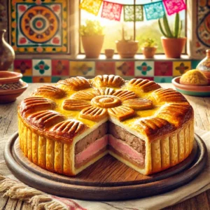 Een Italiaanse vleespastei (Pasticcio) met een goudbruine, knapperige korst, gevuld met lagen varkensvlees, kalfsvlees, kippenlever en spek, en versierd met figuurtjes van deeg. De pastei wordt gepresenteerd op een rustiek houten bord in een Mexicaanse keuken met kleurrijke tegels en helder natuurlijk licht, wat een vrolijke en uitnodigende sfeer creëert.