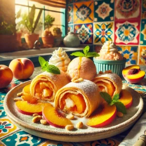 Goudbruine perzikrolletjes gemaakt van knapperig filodeeg, gevuld met perziken, appels en geroosterde pijnboompitten, geserveerd met bolletjes perzik-yoghurtijs. Het gerecht is gepresenteerd in een Mexicaanse keuken met kleurrijke tegels en helder natuurlijk licht, wat een warme en uitnodigende sfeer creƫert.