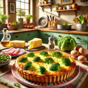Een goudbruin gebakken broccolitaart Provençale op een kleurrijk bord, omringd door verse ingrediënten zoals broccoli, kaas, ham en kruiden. De taart staat op een houten tafel in een moderne, lichte keuken met groene kastjes en potten met verse kruiden op de achtergrond.