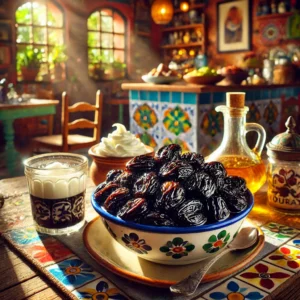 Donkere, glanzende pruimen gestoofd in Vouvray-wijn, geserveerd in dessertkommetjes met een rijke wijnsaus, in een Mexicaanse keuken met kleurrijke tegels en helder natuurlijk licht. Het gerecht is gegarneerd met licht geklopte slagroom, wat de warme en uitnodigende sfeer benadrukt.