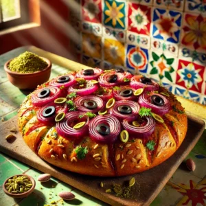 Een goudbruin brood belegd met gekarameliseerde rode uien, zwarte olijven en dunne reepjes ansjovis, geserveerd in een zonnige Mexicaanse keuken met kleurrijke tegels. Het brood, met pistachenoten door het deeg gemengd, ligt op een rustiek houten bord, en het natuurlijke licht benadrukt de rijke texturen en kleuren.