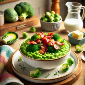 Een romige broccoli-spruitjespuree met krokante spekjes, geserveerd in een wit keramisch schaaltje op een houten aanrecht. Op de achtergrond liggen verse broccoli, spruitjes en andere ingrediënten zoals boter en melk in een karaf, in een warme en gezellige keuken met lichte houten accenten.