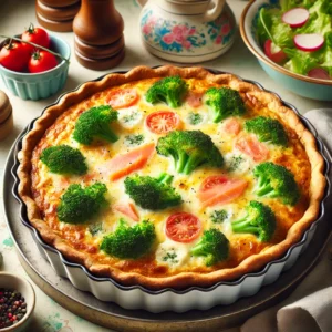 Een goudbruin gebakken broccoli-zalmtaart met brie in een ronde quichevorm. De bovenkant toont duidelijk broccoliroosjes, gesmolten brie en halve kerstomaatjes. Het geheel is gepresenteerd in een gezellige vintage keuken met pastelkleuren en retro-accenten, zacht verlicht door natuurlijk licht. Een verse salade in een schaal staat ernaast.