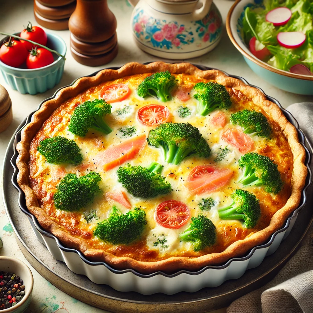 Een goudbruin gebakken broccoli-zalmtaart met brie in een ronde quichevorm. De bovenkant toont duidelijk broccoliroosjes, gesmolten brie en halve kerstomaatjes. Het geheel is gepresenteerd in een gezellige vintage keuken met pastelkleuren en retro-accenten, zacht verlicht door natuurlijk licht. Een verse salade in een schaal staat ernaast.