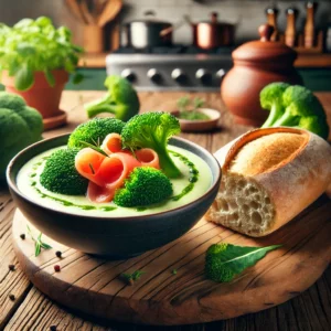 Een kom romige broccolisoep, gegarneerd met heldergroene broccoliroosjes en dunne plakjes gerookte zalm, geserveerd op een rustiek houten oppervlak. Ernaast ligt een versgebakken ciabatta. Op de achtergrond een moderne keuken met kruidenpotten en een gezellige sfeer.