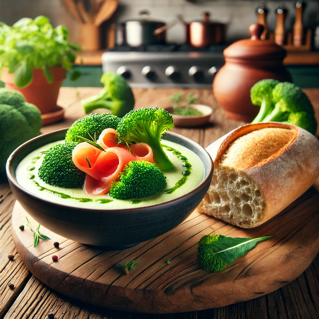 Een kom romige broccolisoep, gegarneerd met heldergroene broccoliroosjes en dunne plakjes gerookte zalm, geserveerd op een rustiek houten oppervlak. Ernaast ligt een versgebakken ciabatta. Op de achtergrond een moderne keuken met kruidenpotten en een gezellige sfeer.