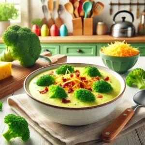 Een kom romige broccolisoep, gegarneerd met krokante spekblokjes en geraspte kaas, op een lichte houten tafel in een moderne keuken. Op de achtergrond kleurrijke keukenaccessoires en verse broccoli voor een vrolijke en uitnodigende sfeer