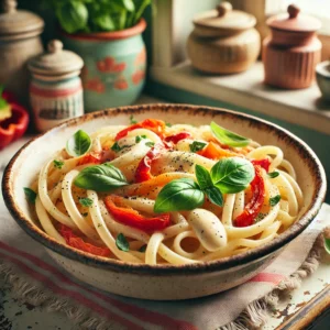 Een bord romige Bucatini pasta met geroosterde rode paprika en gesmolten mozzarella, gegarneerd met verse basilicumblaadjes en een vleugje zwarte peper. Het gerecht is geserveerd in een rustieke keramieken schaal op een houten tafel, gepresenteerd in een gezellige vintage keuken met pastelkleuren en retro-accenten. Natuurlijk licht benadrukt de levendige kleuren en romige textuur van het gerecht.