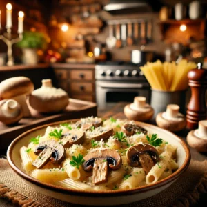 Romige champignon carbonara met Parmezaan en peterselie, geserveerd in een warme, rustieke keuken.